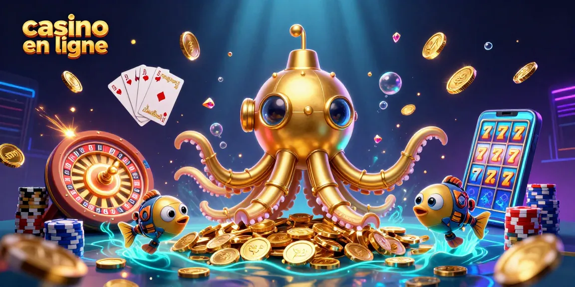 Plongez dans l'univers du casino en ligne avec cette illustration dynamique de kraken et poisson mécaniques.