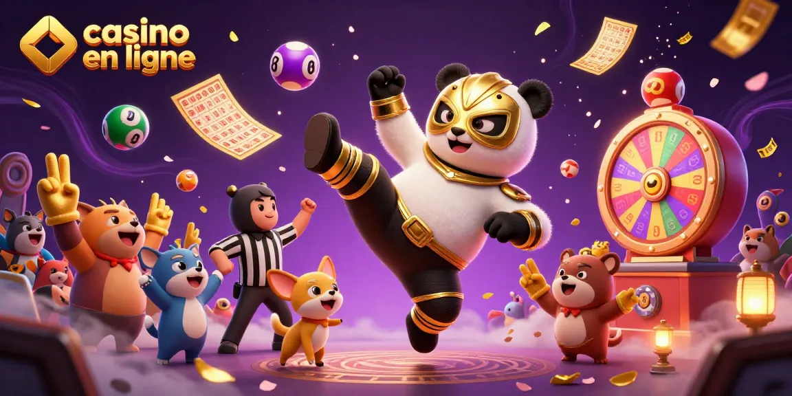 Expérience ludique casino en ligne avec un panda lutteur et des animaux spectateurs enthousiastes.