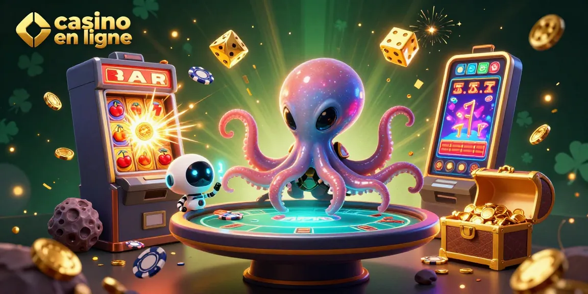 Jouer à des jeux de casino en ligne avec un octopus extraterrestre et un robot dans une scène dynamique.
