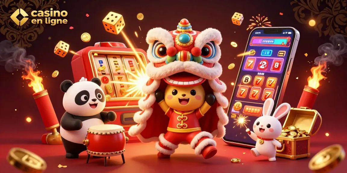 Casino en ligne : lion dansant et panda jouant du tambour, ambiance festive, jeux et gains.