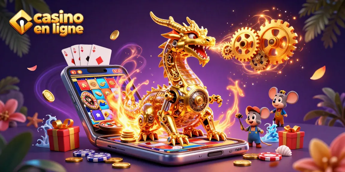 Vivez l'excitation du casino en ligne avec un dragon mécanique doré entouré de jeux et de pièces précieuses.