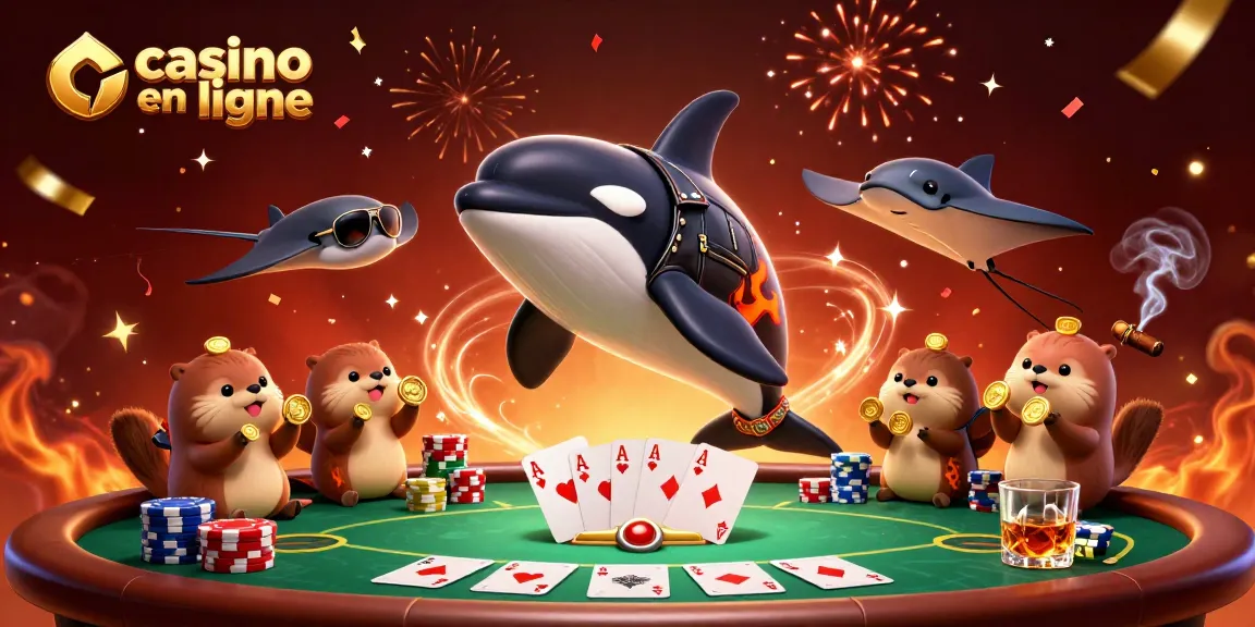 Illustration de l'univers du casino en ligne, avec un orque en cuir, des raies élégantes et des loutres amassant des pièces d'or.
