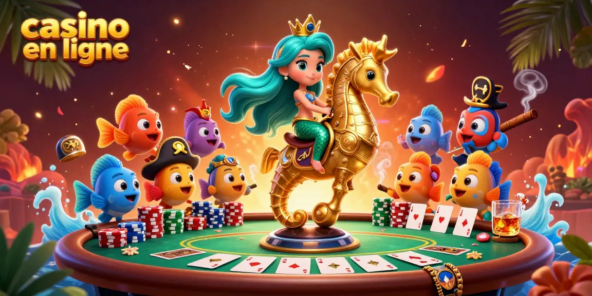 Illustration 3D d'une princesse sirène avec son hippopotame dans un casino en ligne, entourée de poissons colorés.