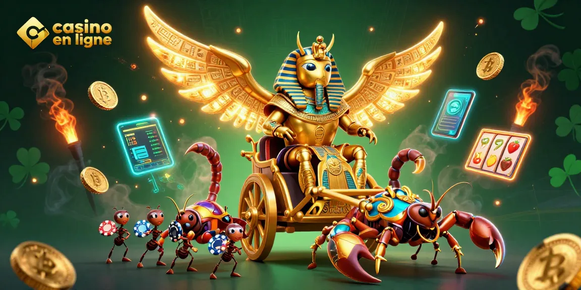 Jouer au casino en ligne avec un scarabée doré et des scorpions, entouré de jetons et de pièces crypto.