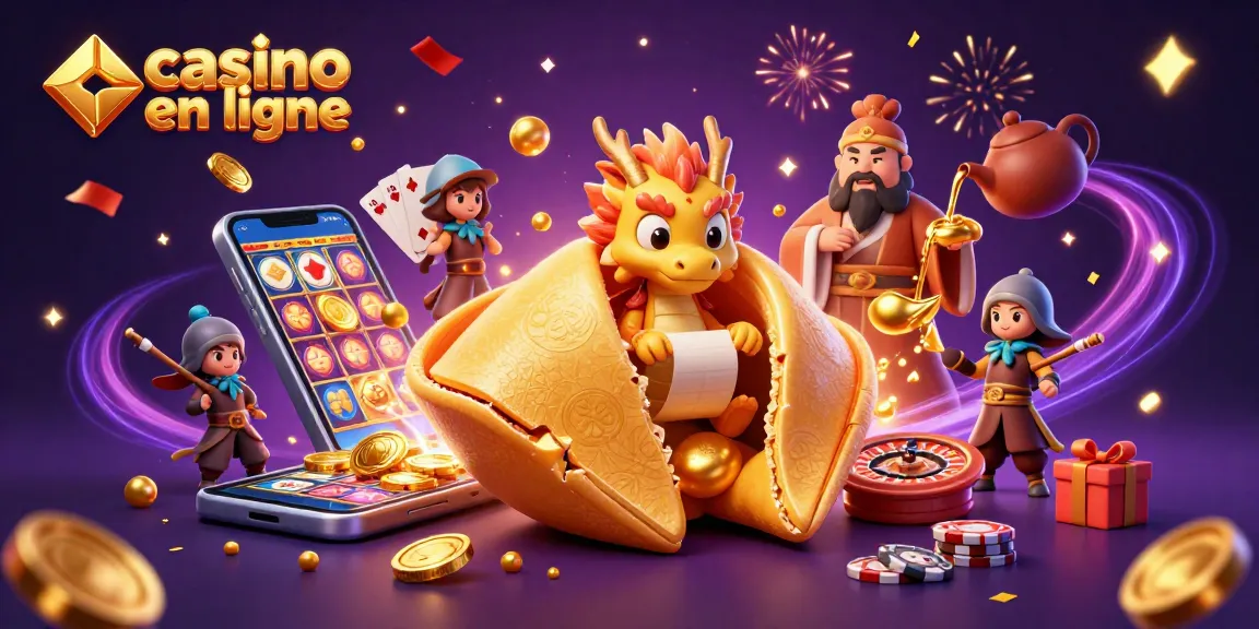 Visitez casino en ligne avec un dragon sage et un cookie fortune parmi les jeux d'argent colorés.