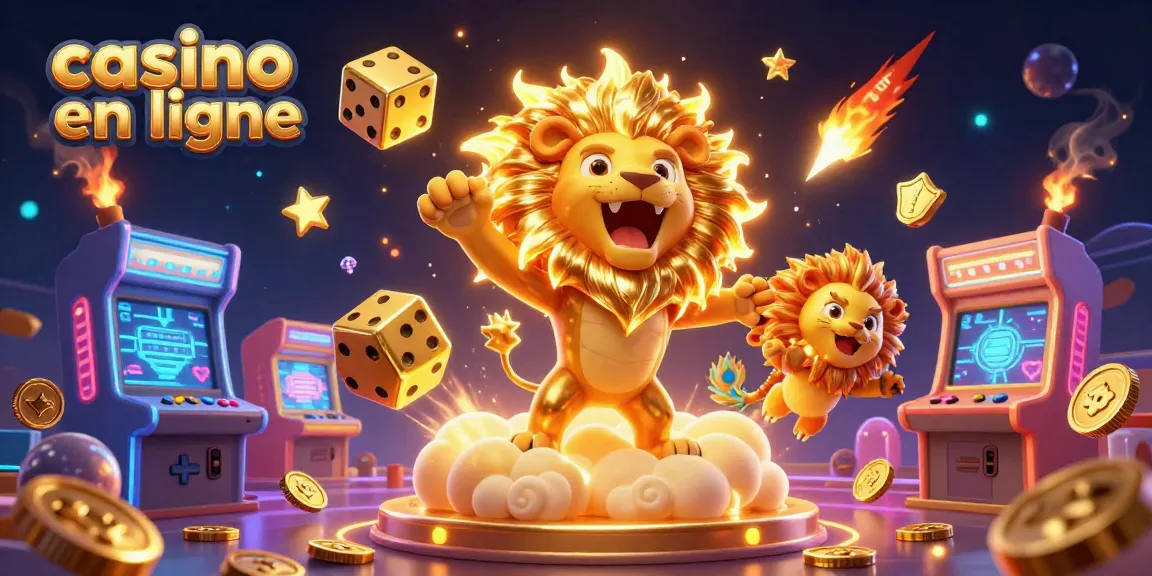 Plongez dans l'univers du casino en ligne avec ce lion ensoleillé, des dés dorés, et des machines à sous scintillantes.