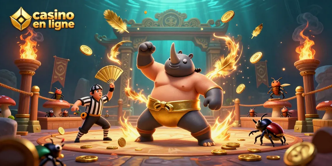 Illustration dynamique de casino en ligne avec un rhinocéros scarabée champion de sumo et un arbitre criquet.