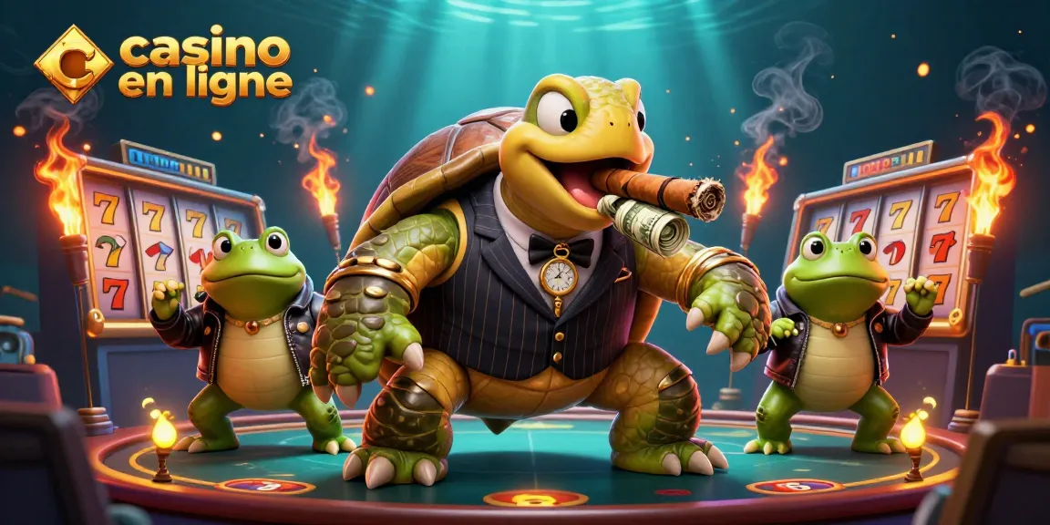 Animations captivantes au casino en ligne avec une tortue et des grenouilles, énergie festive.