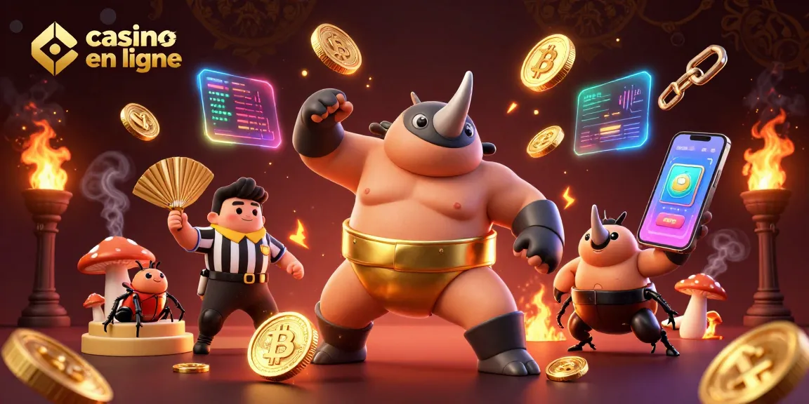 Un rhinocéros japonais sumo champion participe à un combat dans un casino en ligne animé, entouré de pièces de cryptomonnaie.