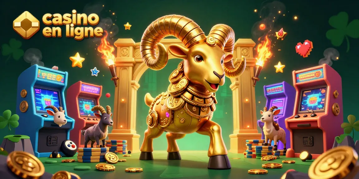 Les jeux de casino en ligne prennent vie avec un bélier doré et des machines lumineuses.