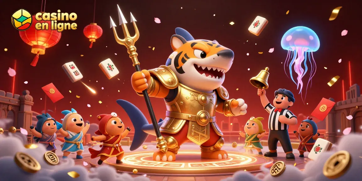 Casino en ligne : scène animée avec un requin-tigre en armure, des lanternes et des pièces flottantes.