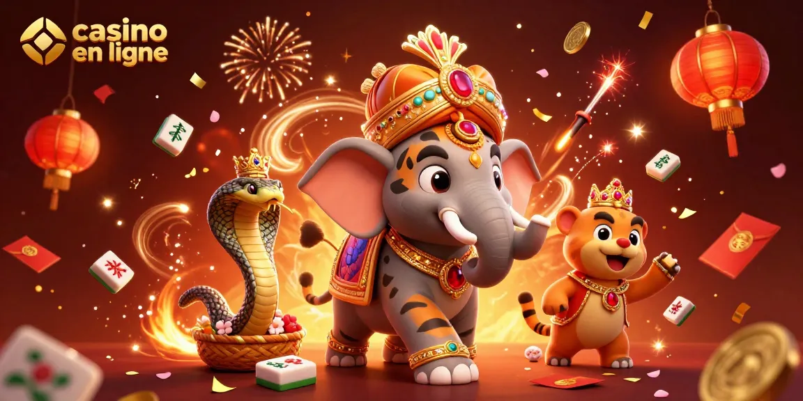 Profitez des jeux de casino en ligne avec cette scène dynamique et colorée, incluant un tigre maharaja et des éléments festifs.