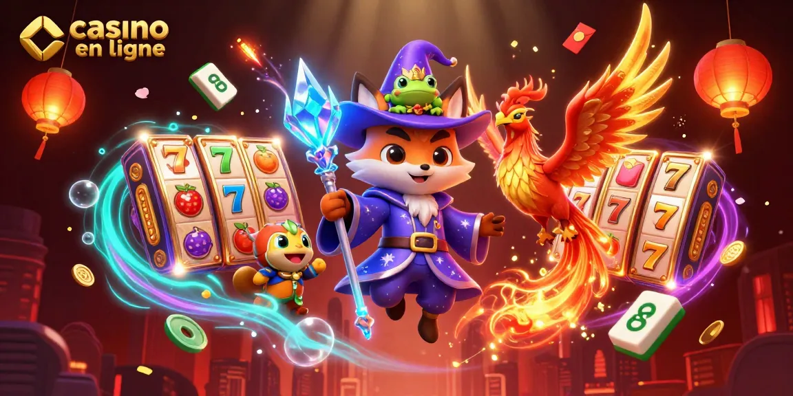 Jouez au casino en ligne avec un renard sorcier et un phœnix dans une scène riche en couleurs.