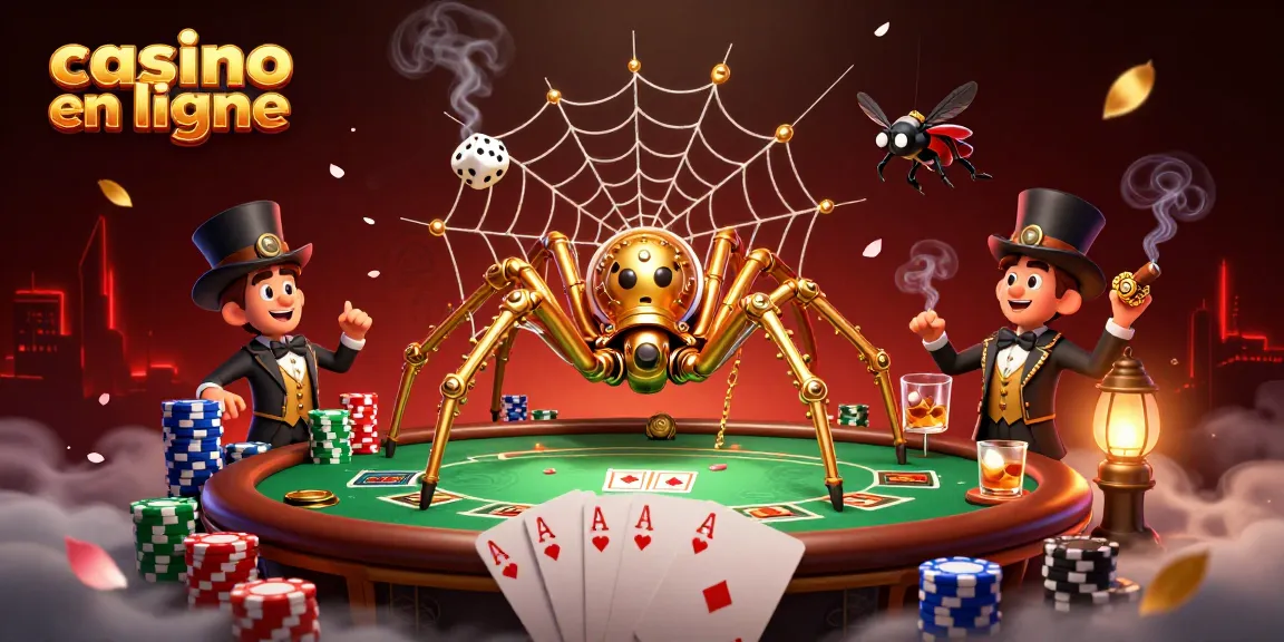 Capture de jeu fascinante dans un casino en ligne, avec une araignée steampunk et des cartes de poker.