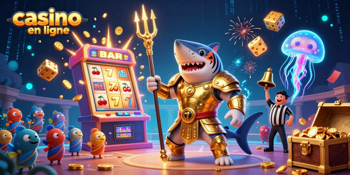 Obtenez vos gains au casino en ligne avec un requin tigre en armure découvrant des jackpots au fond de l'océan.