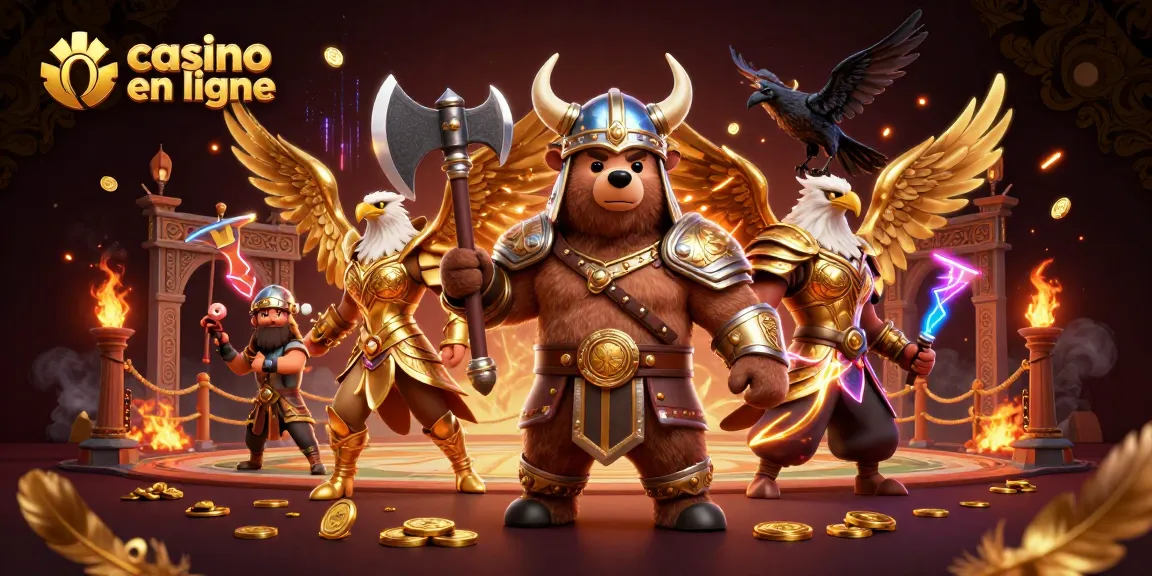Jouez sur casino en ligne avec un ours viking et une aigle valkyrie dans une scène dynamique d'illustration 3D.