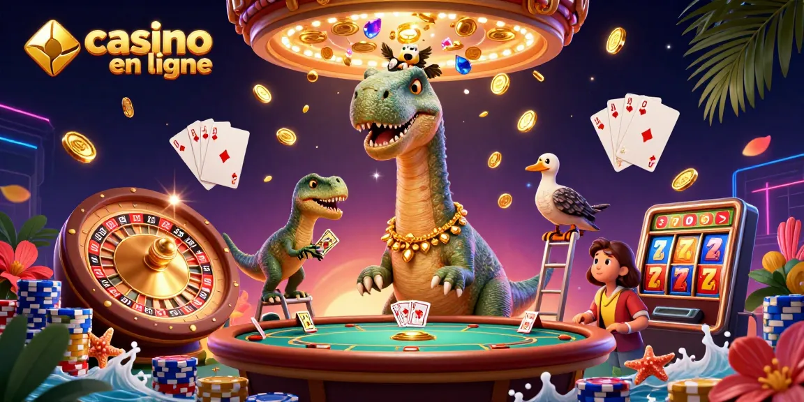 Illustration captivante de casino en ligne avec un brontosaurus et un raptor distribuant des cartes.