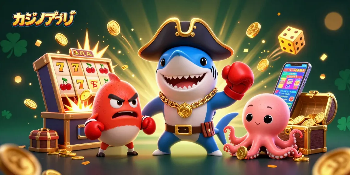 カジノアプリでスロットマシンのジャックポットを体験するカラフルなキャラクターたち