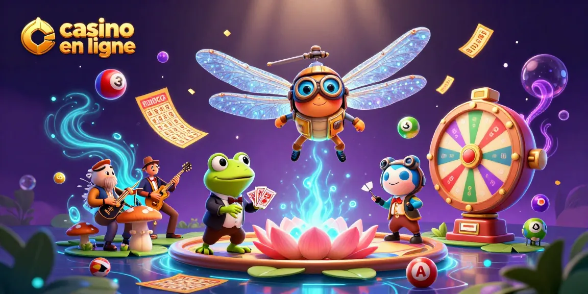 Casino en ligne animé avec un pilote libellule et un croupier grenouille dans un univers ludique