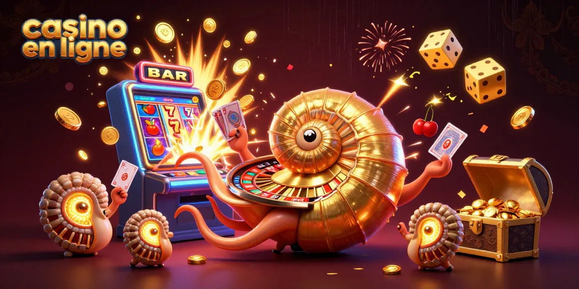 Découvrez le monde captivant du casino en ligne avec ce nautilus géant jouant aux cartes entouré de machines à sous éclatantes.