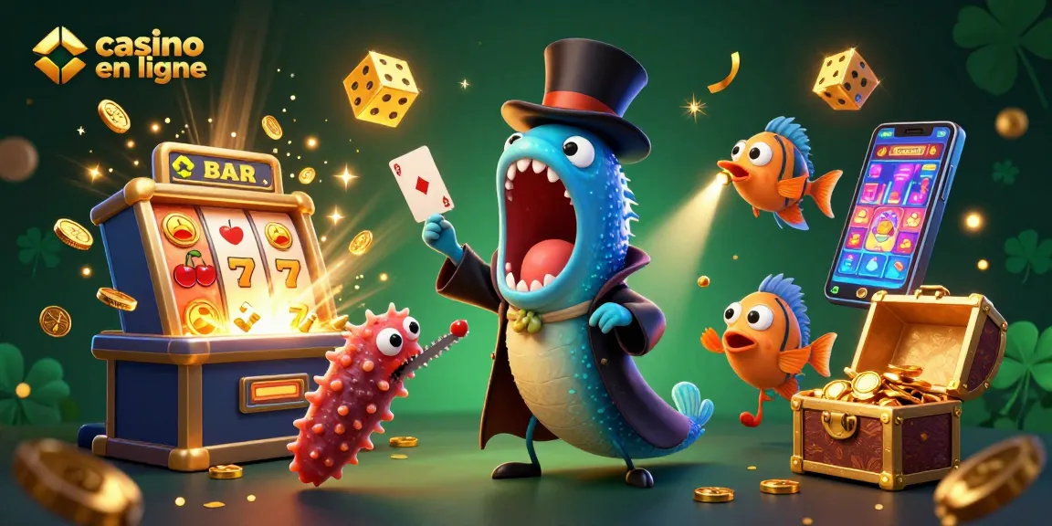 Une illustration 3D captivante de "casino en ligne" avec des créatures marines inusitées et des éléments de jeu scintillants.