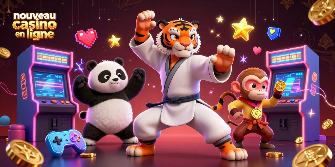 Découvrez l'univers du nouveau casino en ligne avec un tigre maître, un panda disciple et un singe farceur volant une médaille dorée.