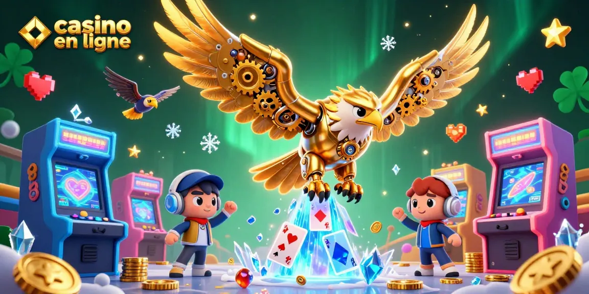 Découvrez un casino en ligne captivant avec un aigle cybernétique plongeant sur des cartes holographiques.