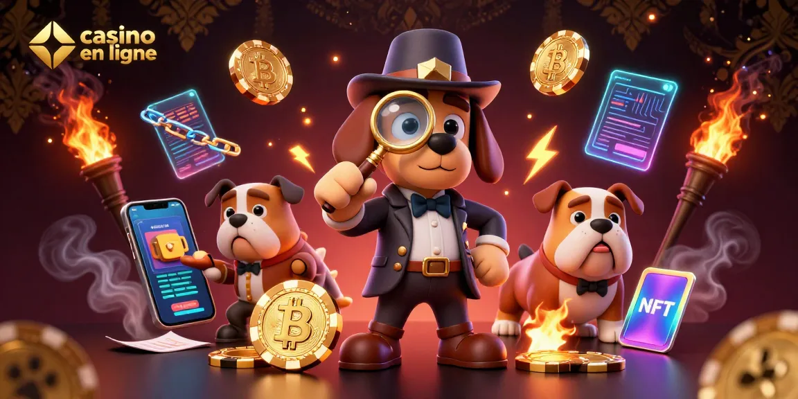 Examinez un jeton de poker en ligne avec un chien détective, un bulldog et des éléments de casino en ligne.