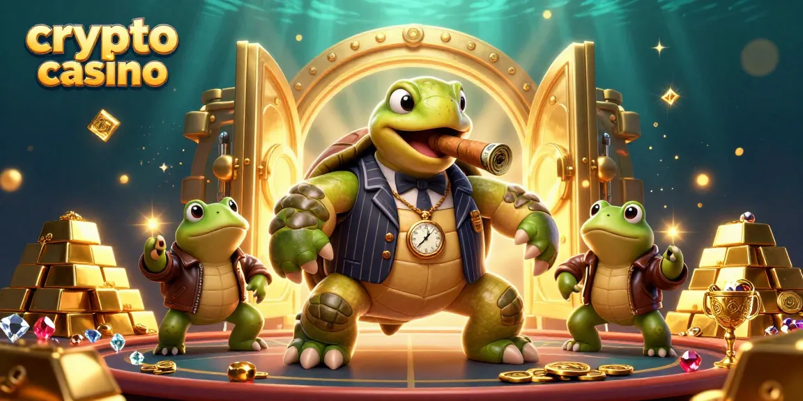 Visuel captivant d'un casino crypto avec une tortue massive et des grenouilles, entouré de trésors scintillants.