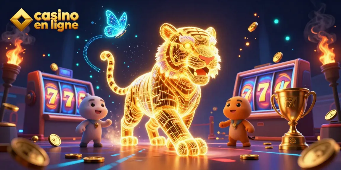 Illustration dynamique de casino en ligne avec un tigre doré et des machines à sous légendaires, ambiance festive.