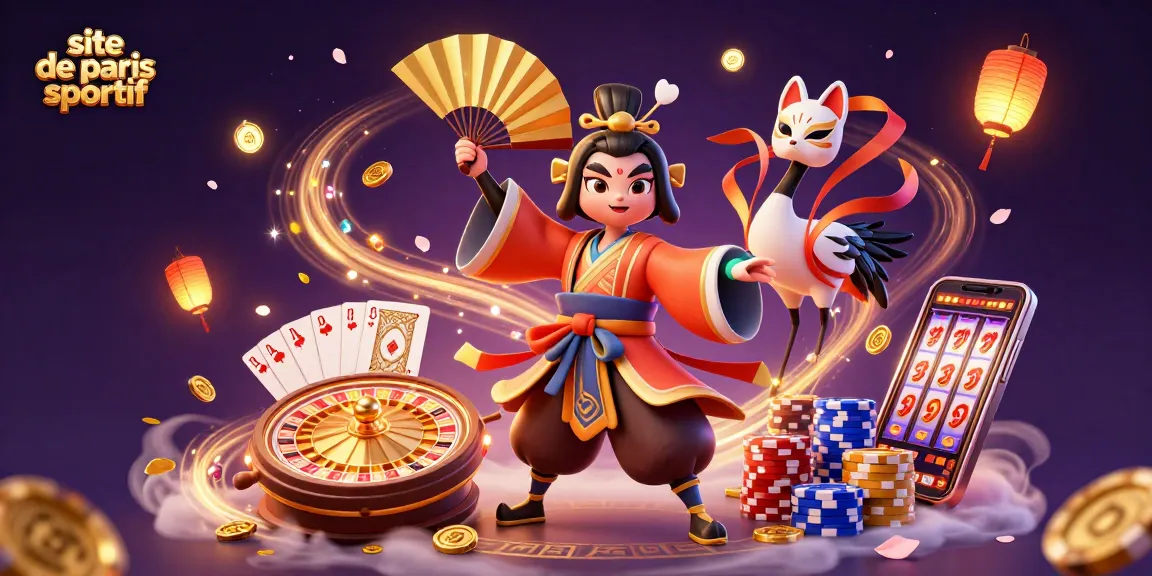 Illustration d'un site de paris sportif avec un guerrier kabuki, des pièces dorées et des effets de roulette.