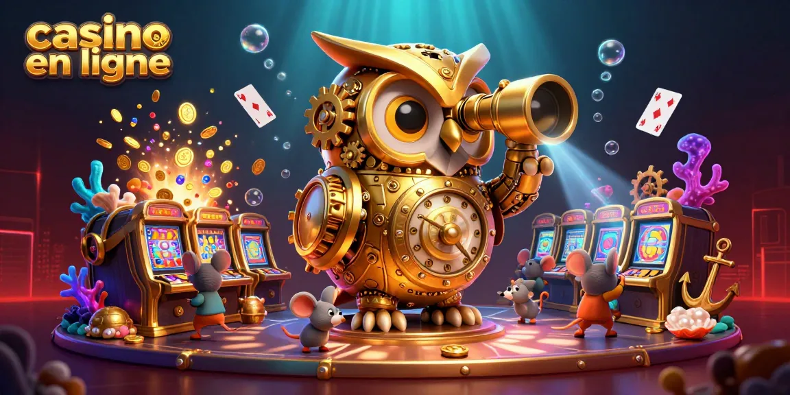 Jouez en ligne au casino avec une illustration de chouette dorée et des machines à sous pleines de trésors sous-marins.
