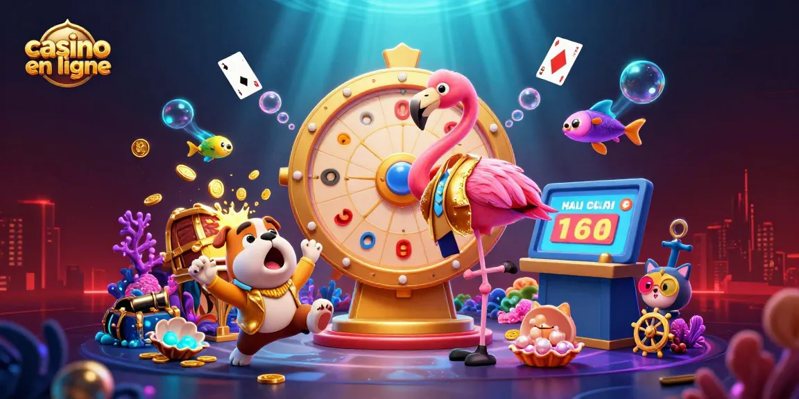 Illustration dynamique de casino en ligne avec des personnages animés et des éléments de jeu colorés.