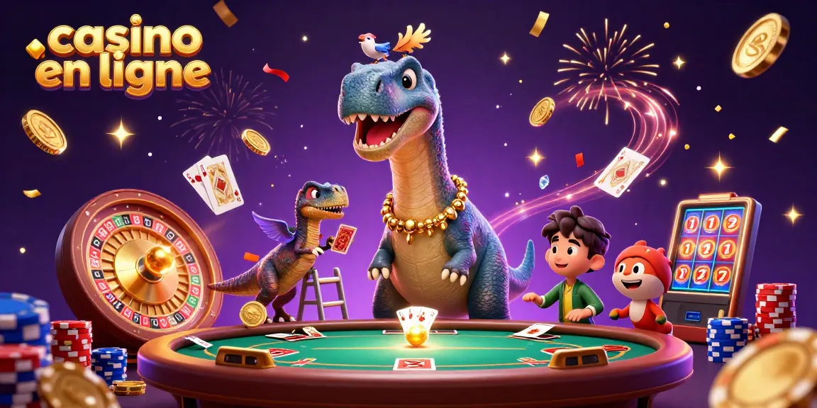 Venez découvrir le casino en ligne avec cette illustration 3D captivante représentant un brontosaure géant et un raptor en pleine action.