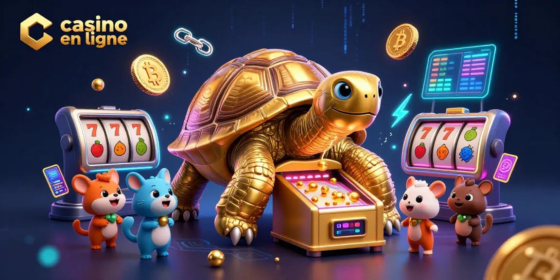Jouez à casino en ligne avec une tortue dorée et un flipper, entourée de machines à sous et de crypto-monnaies.