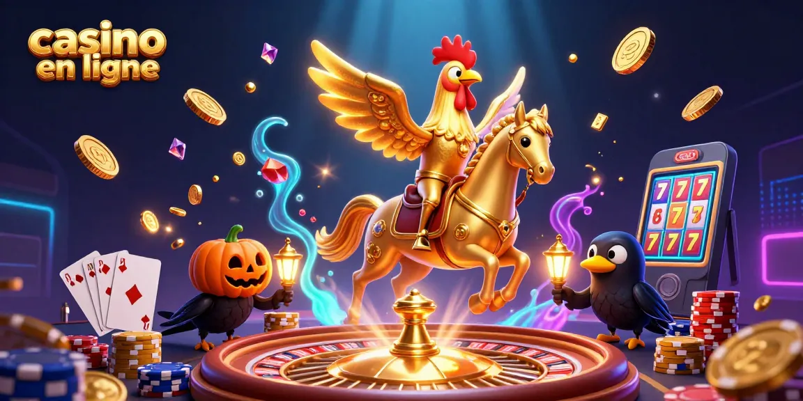 Le casino en ligne s'anime avec un coq doré, des lumières scintillantes et des pièces d'or.