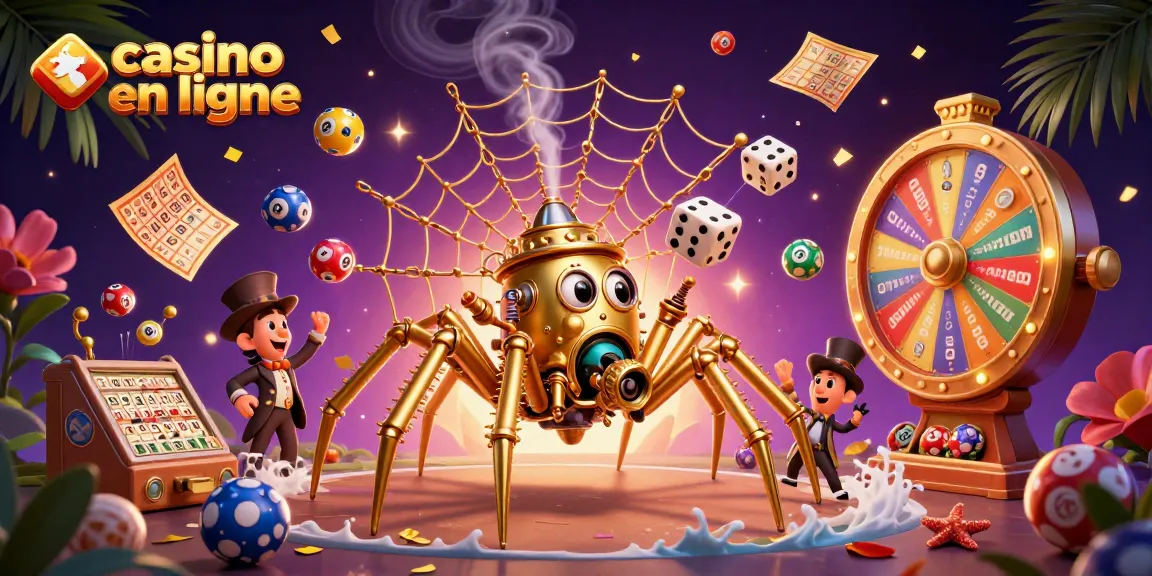 Illustration dynamique de casino en ligne avec une araignée steampunk dorée et des éléments de jeu.