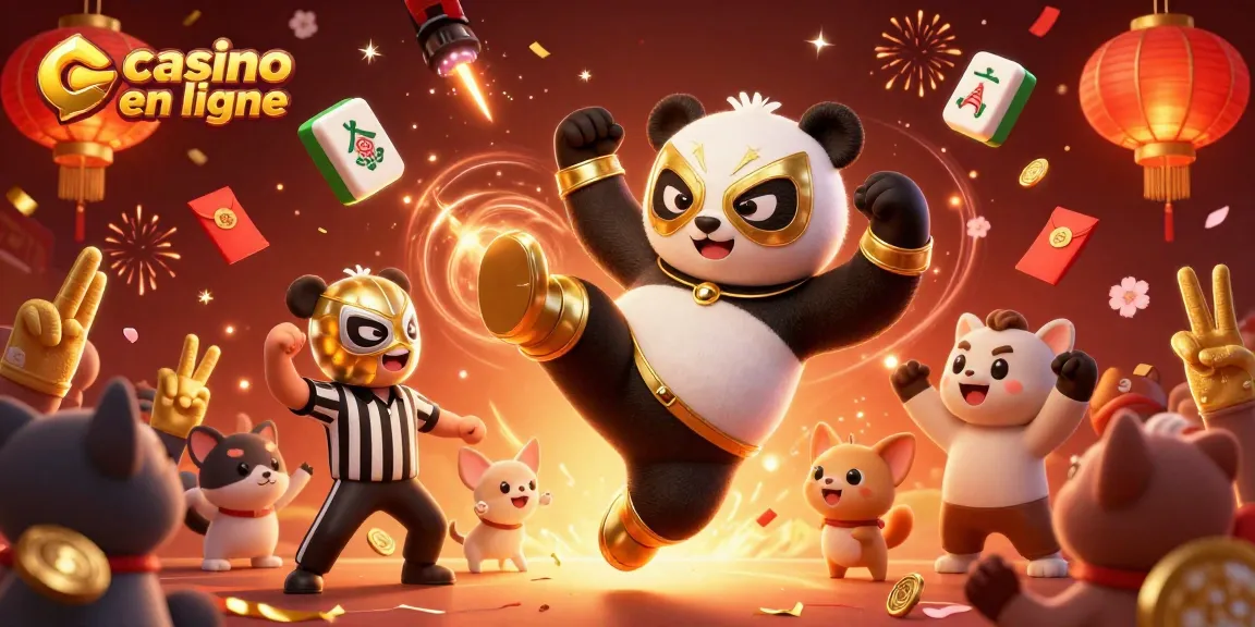 Pour les joueurs de casino en ligne, un panda en costume se bat avec une ambiance festive.