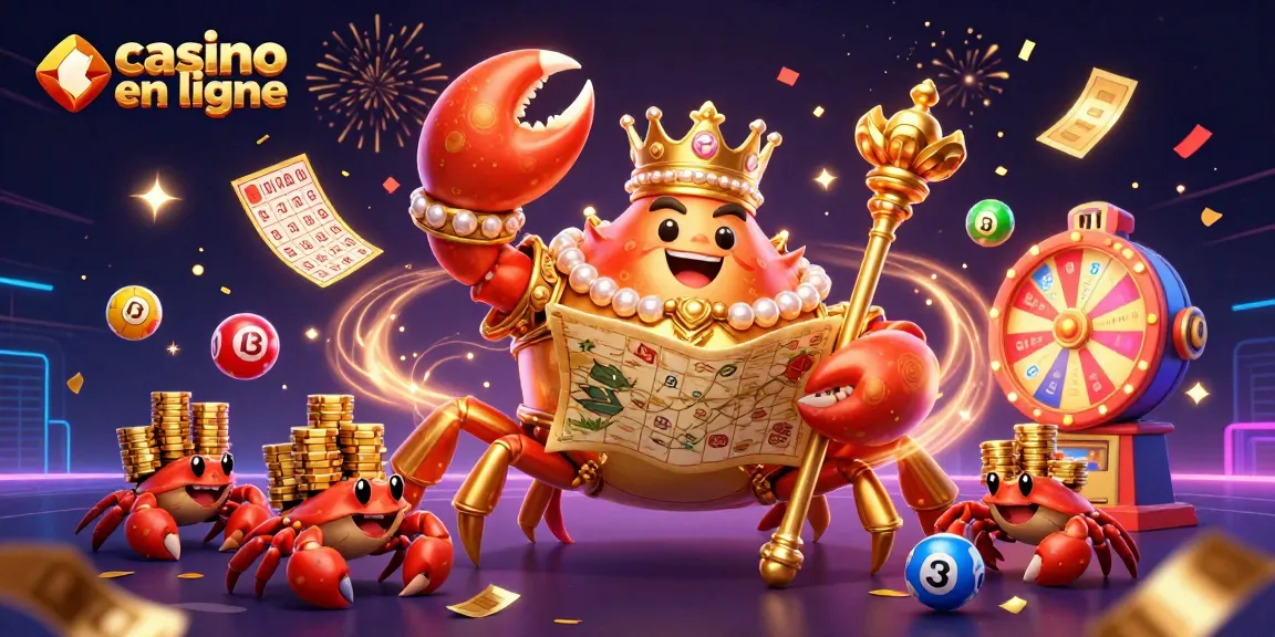 Vivez l'excitation du casino en ligne avec une illustration de jeu captivante, comprenant un crabe doré majestueux et des éléments de loterie.