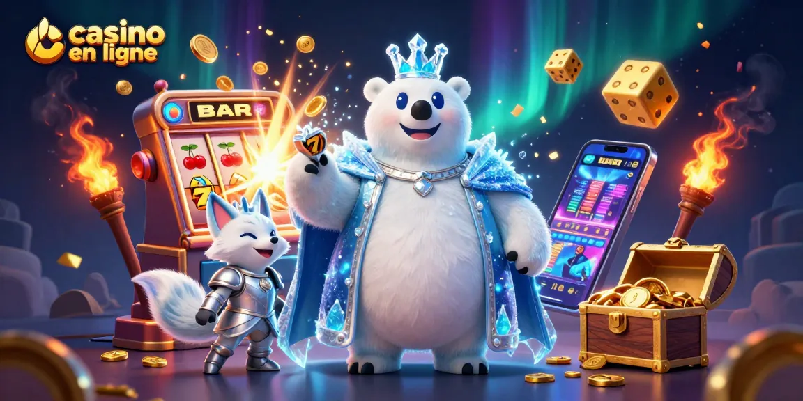 Visualisez un monde captivant de casino en ligne avec un ours polaire royal et un renard dans une ambiance magique.