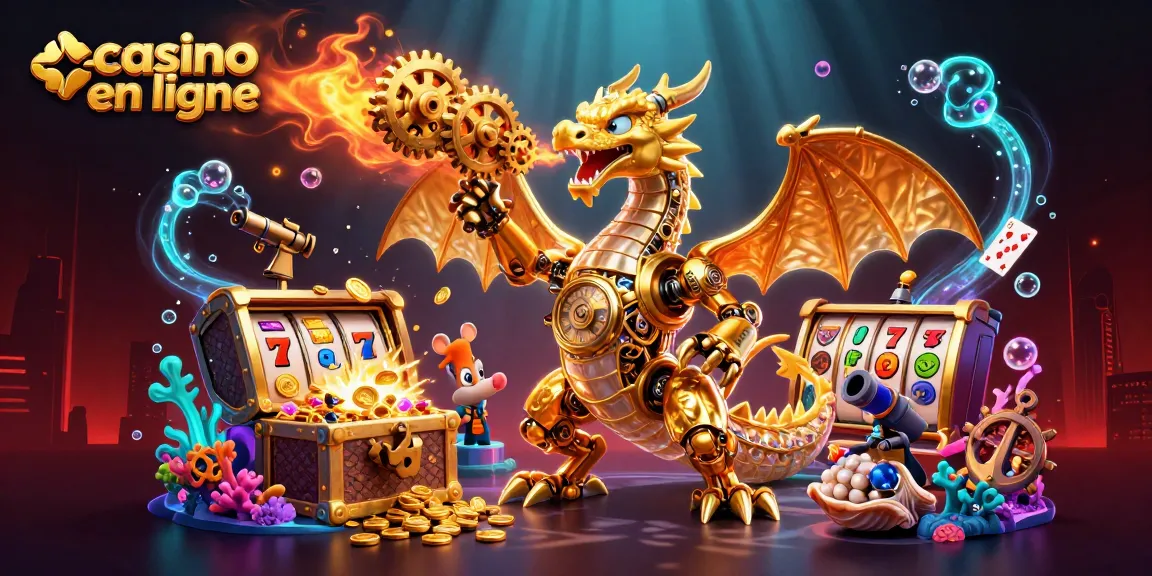 Découvrez le casino en ligne avec notre dragon mécanique et des symboles de jackpot flottants.
