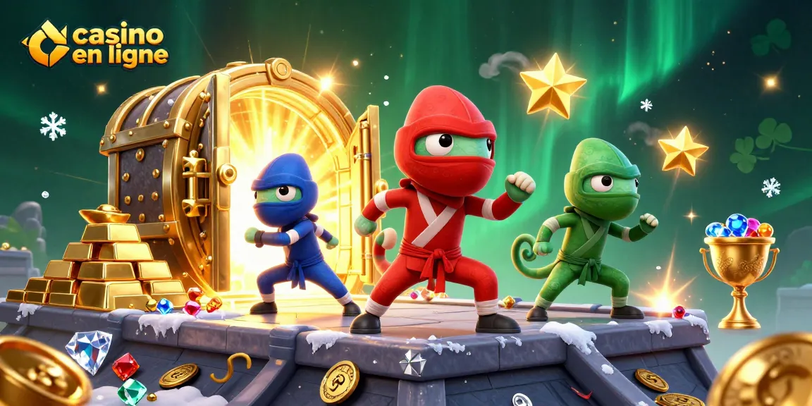 Jouez au casino en ligne avec des caméléons ninjas en poses martiales entourés de trésors.