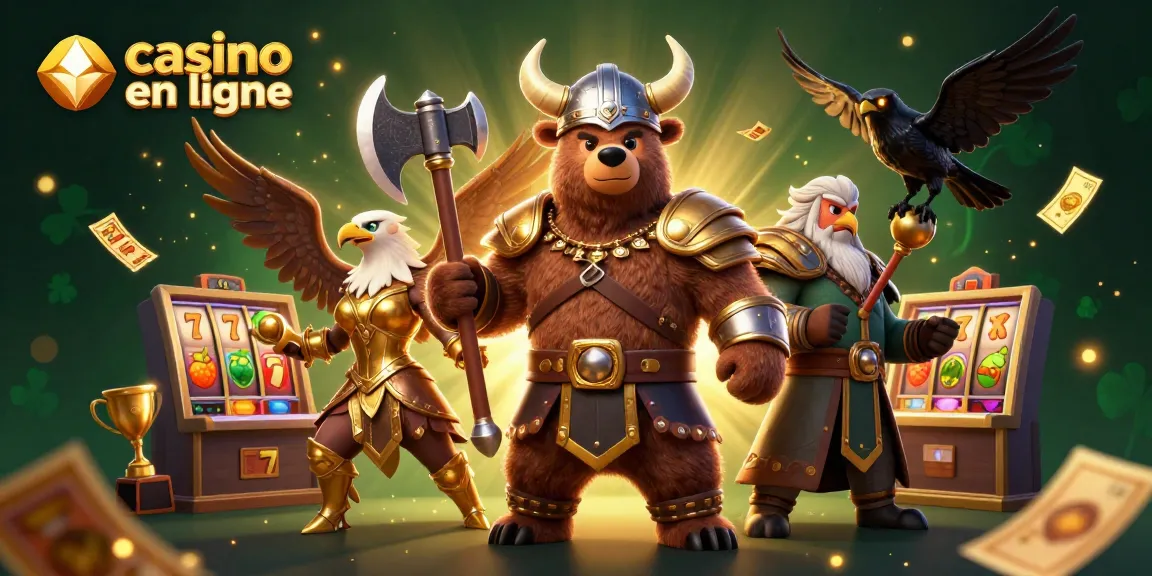Jouer à des jeux passionnants sur le casino en ligne avec un ours viking et des symboles de jackpot.