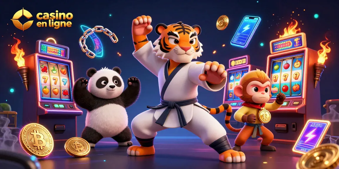 Visuel captivant de casino en ligne avec un tigre maître kung-fu et un panda.