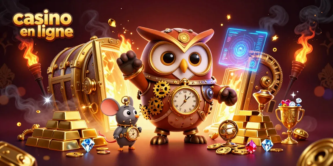 Plongez dans l'univers du casino en ligne avec notre illustration captivante, mettant en avant un hibou explorateur et des richesses éblouissantes.